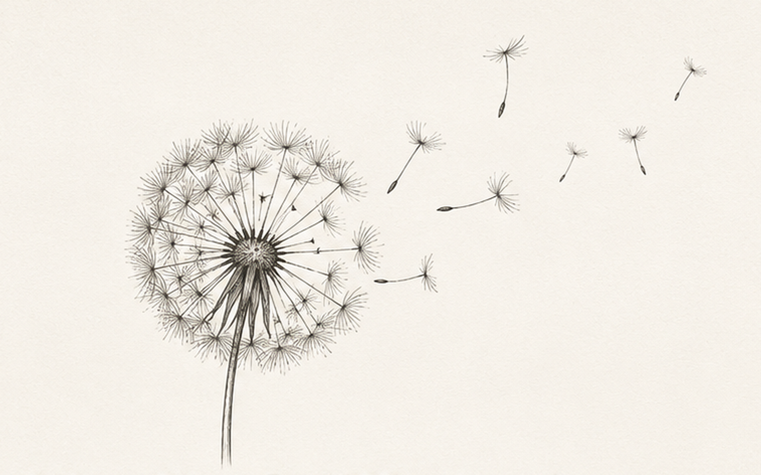A finely drawn mature dandelion releasing its seeds